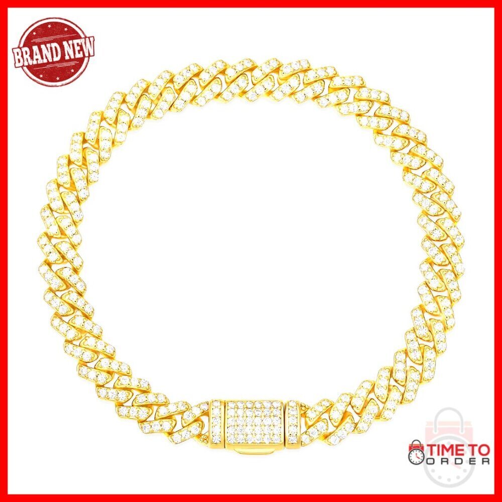 Moissanite Cuban Link Chain 18k Gold Plated Sterling Silver 7 Inch Necklace